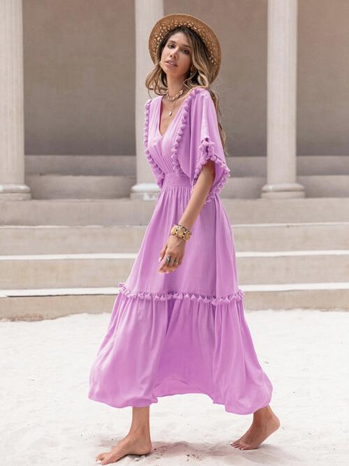 Tassel Trim Smocked V-Neck Short Sleeve Dress