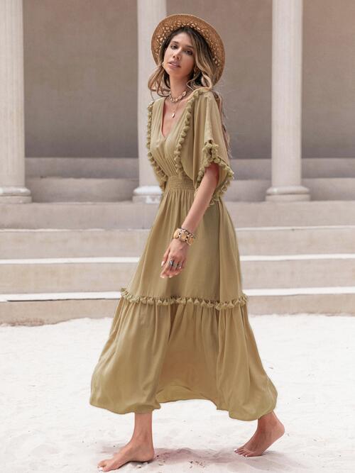 Tassel Trim Smocked V-Neck Short Sleeve Dress