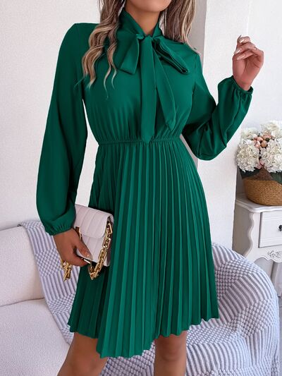 Tie Neck Balloon Sleeve Pleated Dress