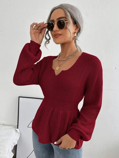 Notched Dropped Shoulder Knit Top